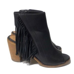 Very Volatile Black Fringe Peep Toe Block Heels. Size 7.